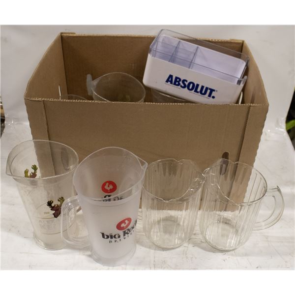 ASSORTED ACRYLIC PITCHERS W/ 1 BAR GARNISH TRAY