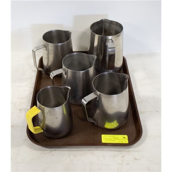 TRAY WITH 5 ASSORTED STAINLESS STEEL PITCHERS