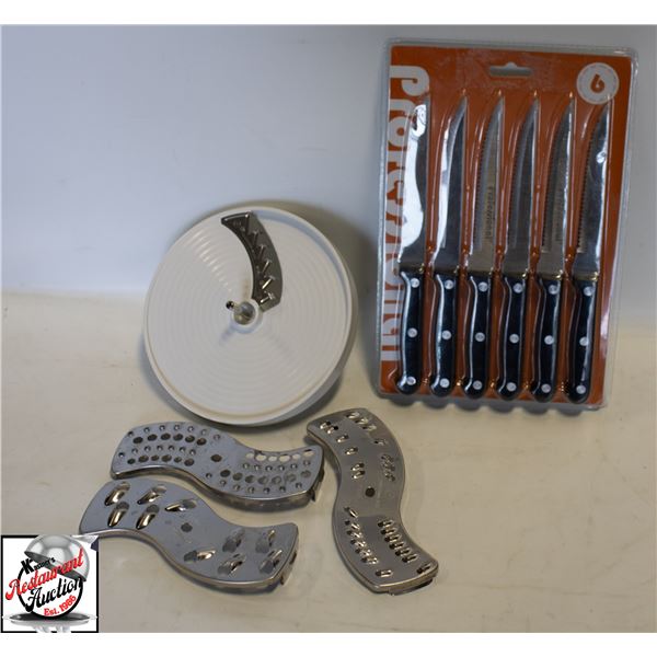 6 NEW STEAK KNIVES W/ UNKNOWN FOOD PROCESSOR BLADE