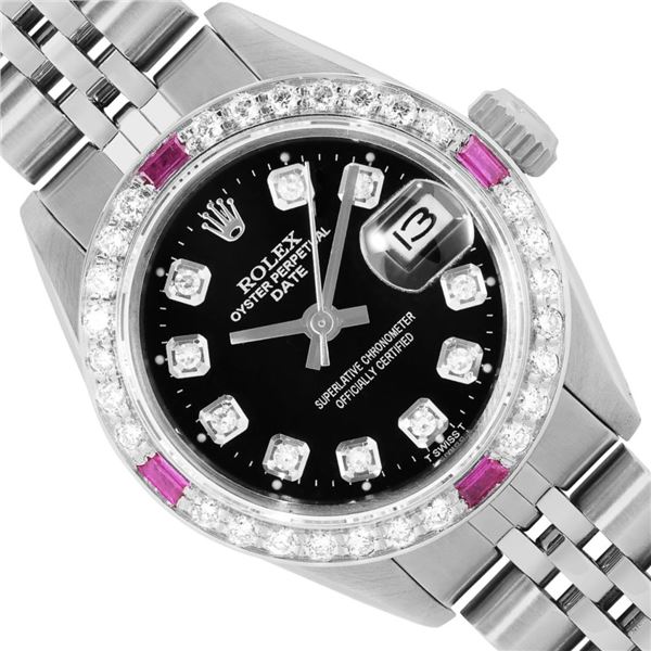 Rolex Ladies Stainless Steel Black Diamond And Ruby Date Wristwatch 26MM