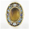 Vintage 14k Gold Bezel Tiger's Eye LARGE Oval Floral Enamel Filigree Frame Ring