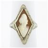Antique Art Deco 14K White Gold Lozenge Shape Carved Shell Cameo Filigree Ring