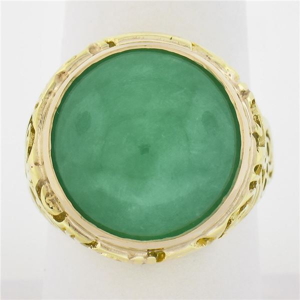 14k Yellow Gold Large 16mm Round Cabochon Bezel Green Jade Spiral Open Work Ring