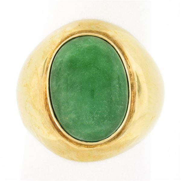 Vintage 14K Yellow Gold Bezel Oval Cabochon Green Jade Polished Wide Band Ring