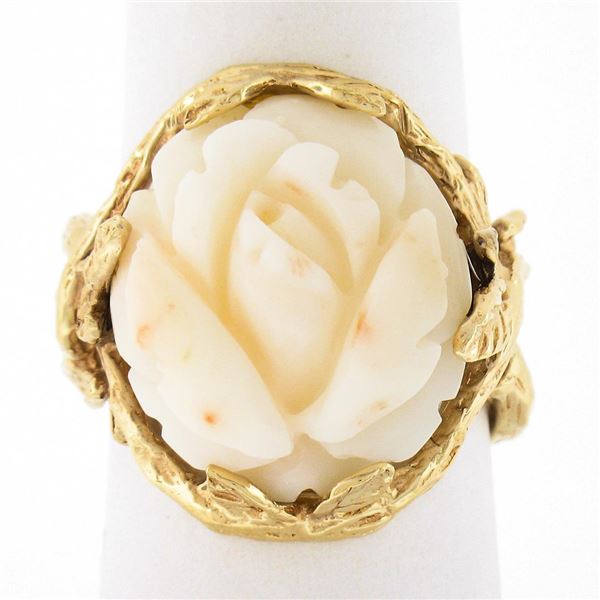 Vintage 14k Gold Large Carved Rose Flower White Angel Skin Coral Freeform Ring