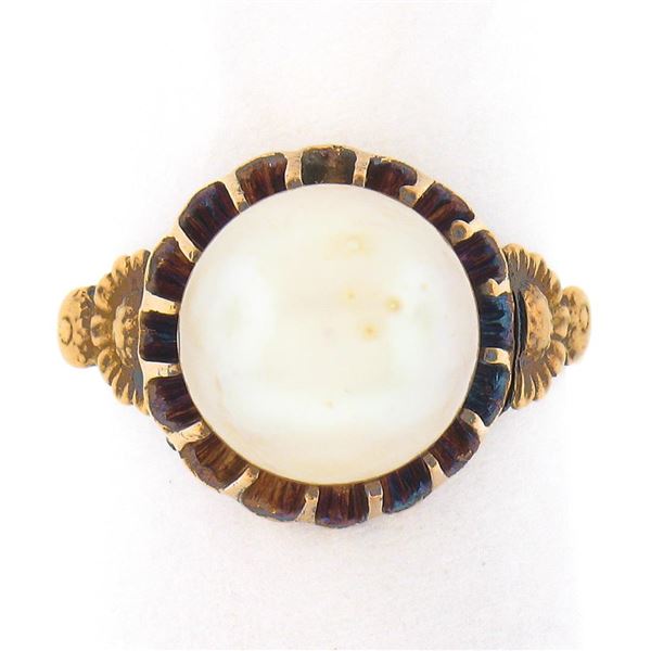 Antique Victorian 18k Yellow Gold GIA 9.46mm Pearl w/ Floral Side Solitaire Ring