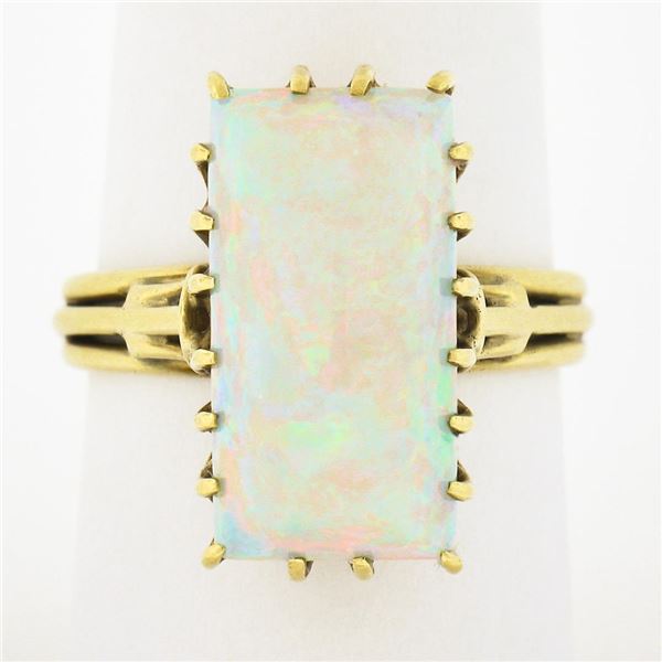 Vintage Handmade 18k Gold Rectangular Cabochon Cut Opal Solitaire Cocktail Ring