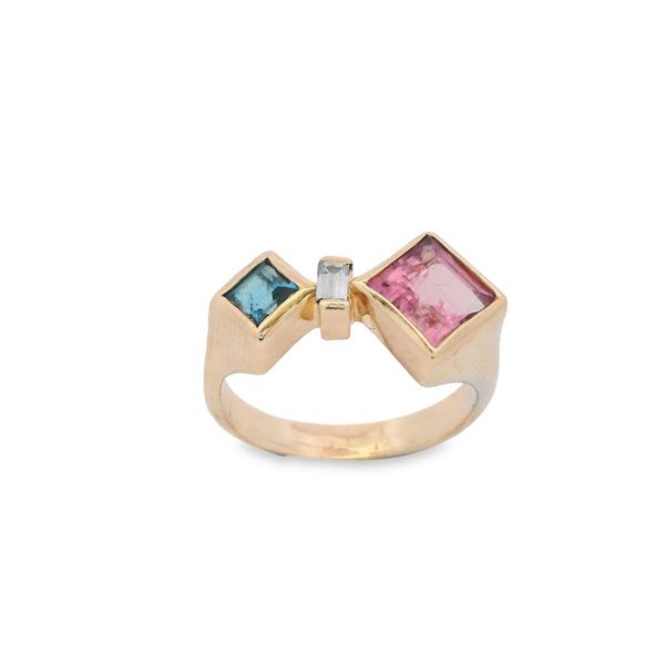 14 kt YG Diamond Tourmaline & Topaz Ring