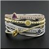 14k Tri Color Gold .60 ctw Multi Color Sapphire & Diamond Crossover Wide Band Ri