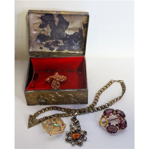 ANTIQUE METAL BOX WITH ESTATE JEWELRY