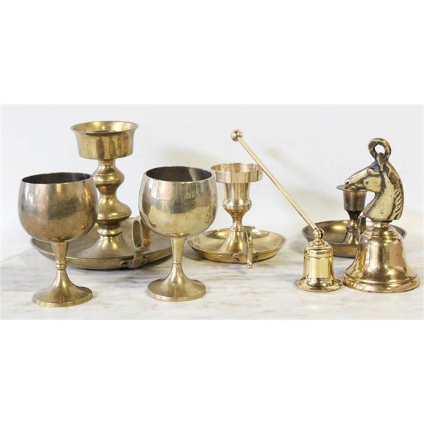 BRASS CANDLESTICKS, GOBLETS, SNUFFER+BELL