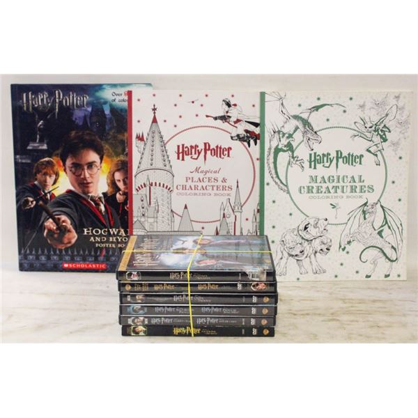 HARRY POTTER COLOURING BOOKS & 6 DVDS,