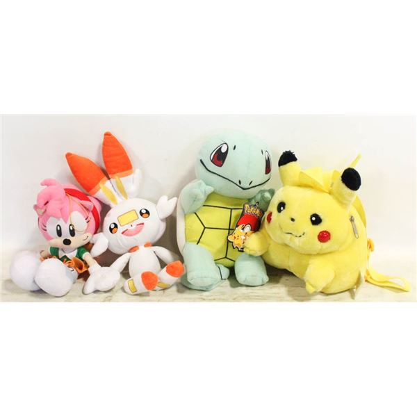 3 POKEMON & 1 SONIC HEDGEHOG STUFFIES