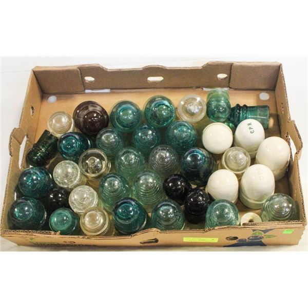 LARGE FLAT OF CPR AND COLOURED GLASS INSULATORS