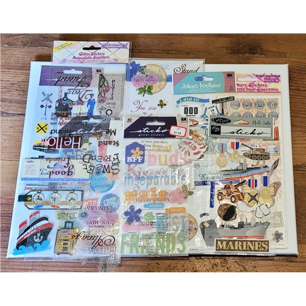 1)  NEW, 11 PACKAGES OF STICKERS FOR SCRAP-