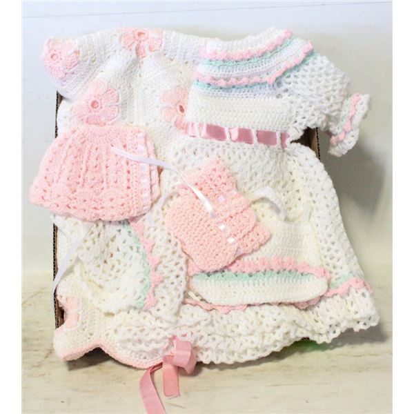 HAND KNITTED BABY BLANKET/DRESS /2 HAT/PURSE