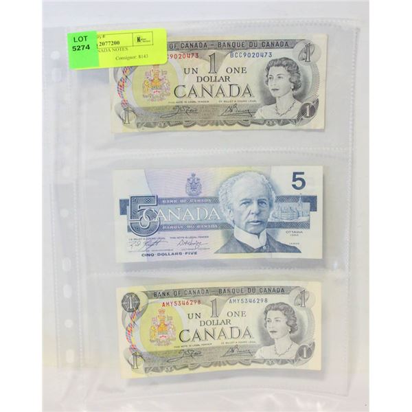 LOT OF 3 CANADA NOTES; 2X $1 AND 1X $5 DOLLAR CANADA NOTES