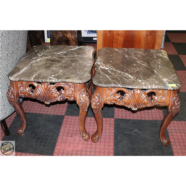 PAIR OF ORNATE CARVED WOOD STONETOP SIDE TABLES
