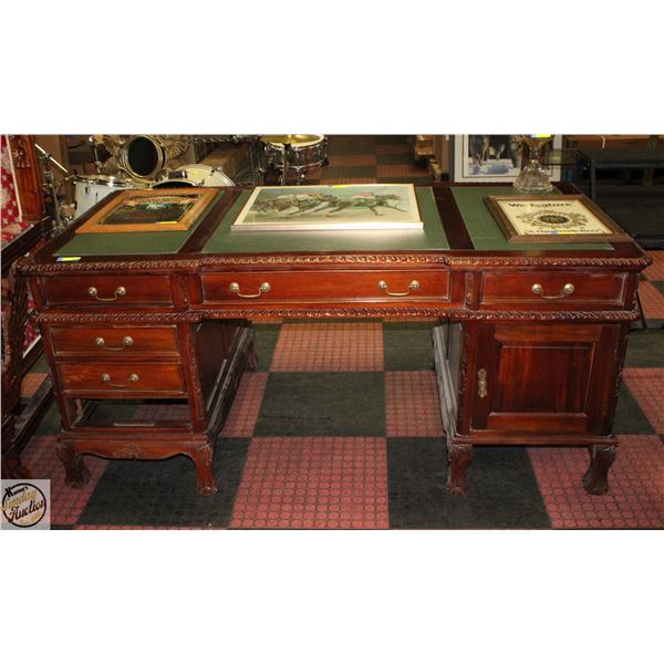 ORNATE WOOD LEATHER TOPPED BUREAU DESK