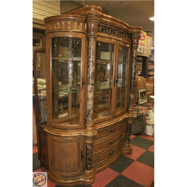 ANTIQUE CURVED FRONT ART NOUVEAU TEAK WOOD & STONE