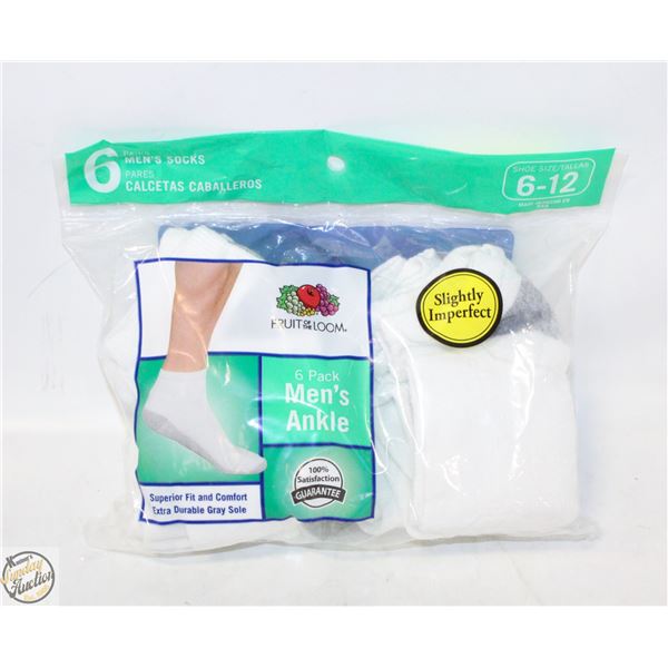 ANKLE SOCKS WHITE 6-12 SIZE 6-PACK FRUIT OF THE
