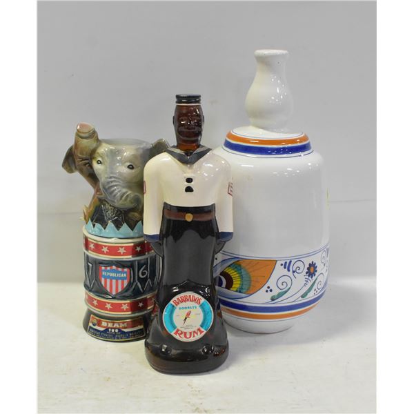 3 DECANTERS - JIM BEAM, RUM, GREEK
