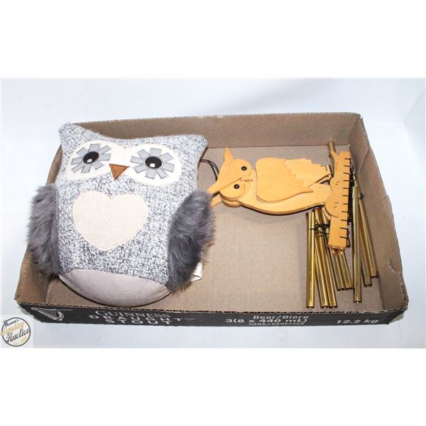 WEIGHTED OWL PILLOW & OWL WOOD/BRASS WINDCHARM