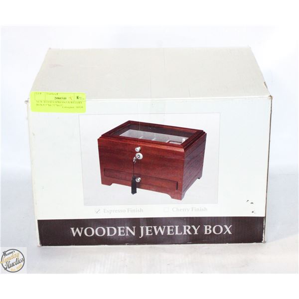 NEW WOOD ESPRESSO JEWELRY BOX 9.5" X 6.75" X 6.5"