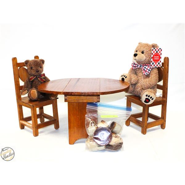 TEDDY BEARS WOOD TABLE & CHAIRS, GLASS TEA SET
