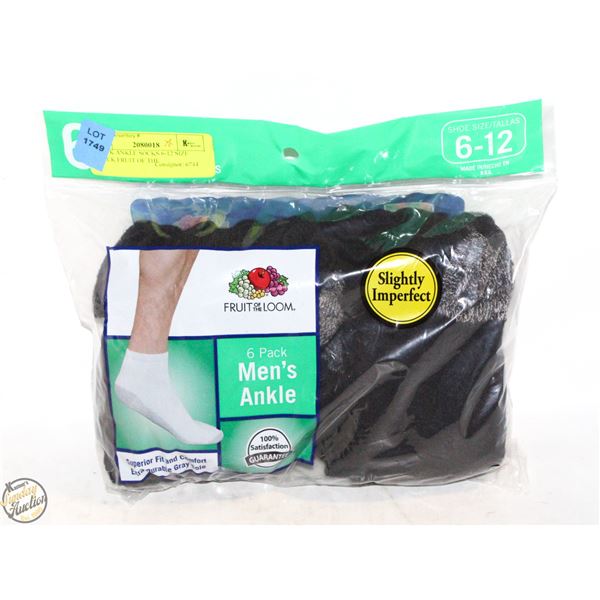BLACK ANKLE SOCKS 6-12 SIZE 6-PACK FRUIT OF THE