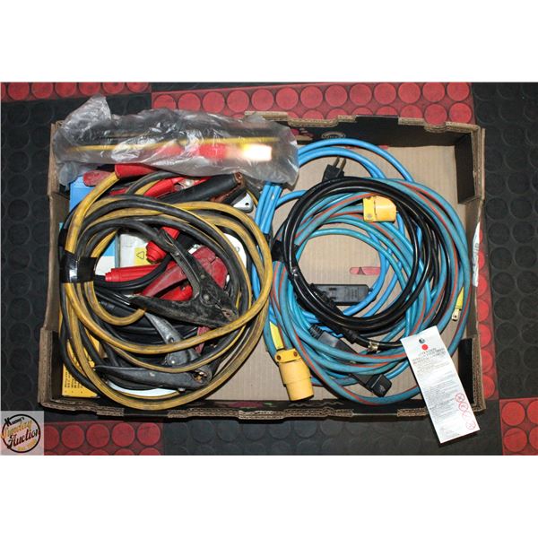BOX W/BOOSTER CABLES+EXTENSION CORDS