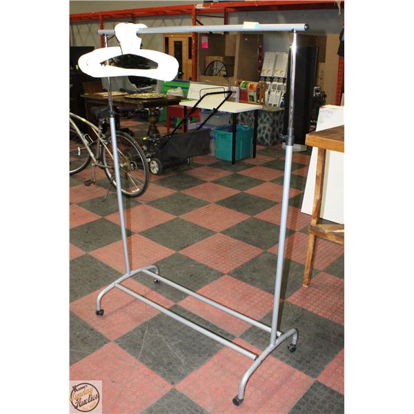 ROLLING CLOTHING RACK W/WHITE IKEA HANGERS
