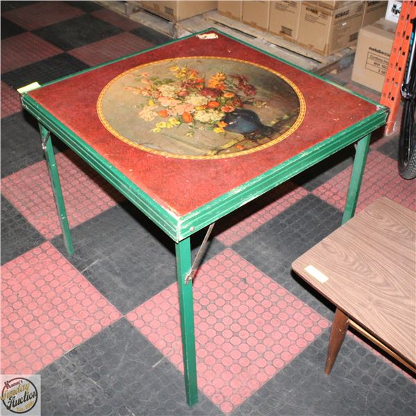FOLDING CARD TABLE VINTAGE WITH FLORAL TOP