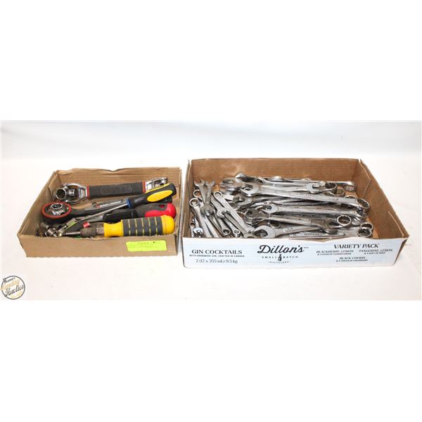 LOT OF TOOLS TWO FLATS OF WRENCHES, SCREWDRIVERS,