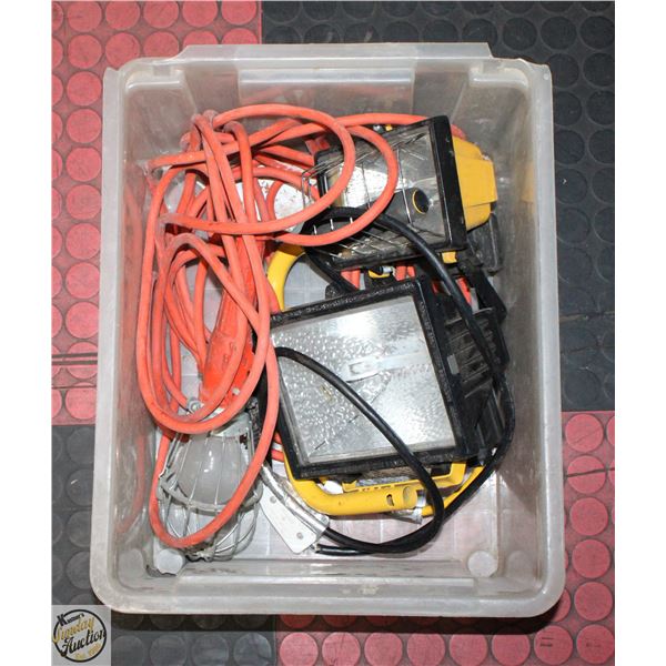 LOT OF THREE HALOGEN WORK LIGHTS, ONE TRIPOD +