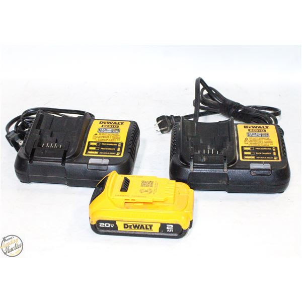 BOX W/ 2 DEWALT CHARGERS AND 20V