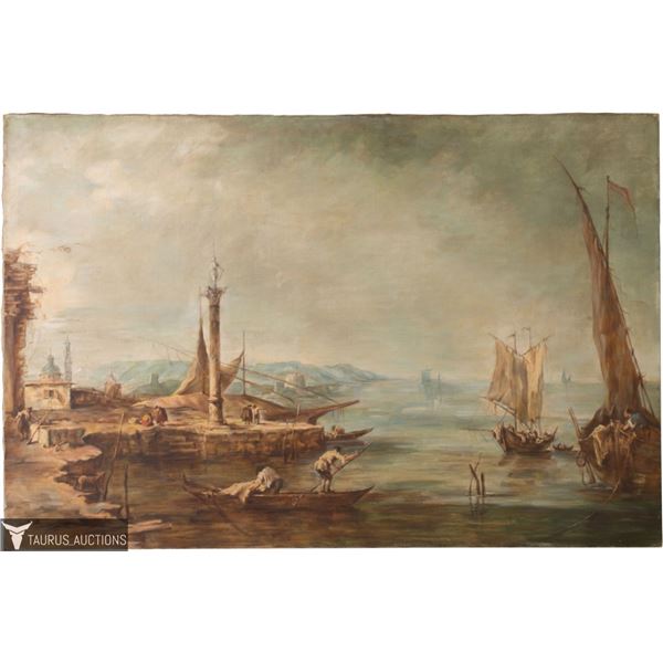 19th C Italian Harbor Scene Oil Painting