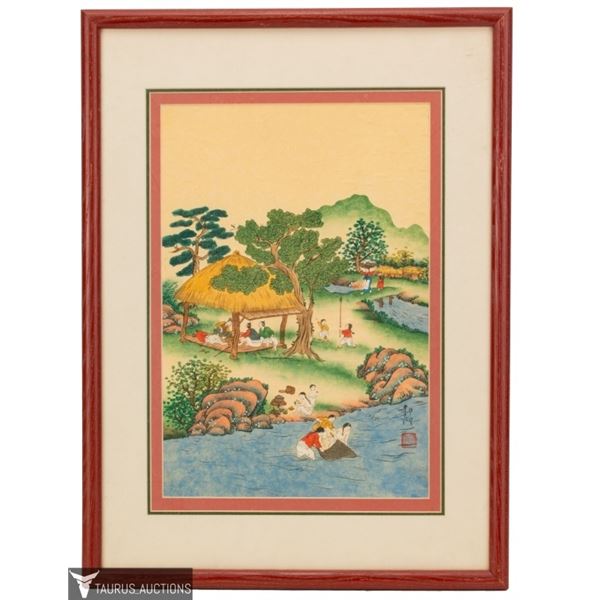 Chinese River Village Scene Watercolor