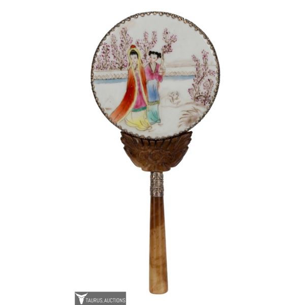 Asian Motif Porcelain Hardstone Handheld Mirror