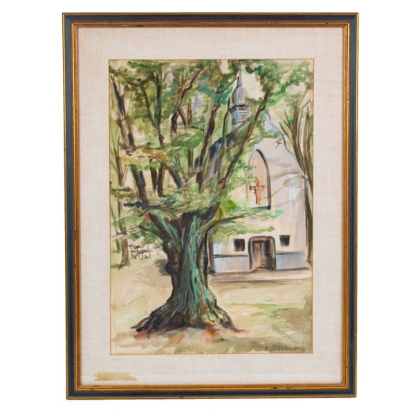 Watercolor Gouache Church Landscape, Signed