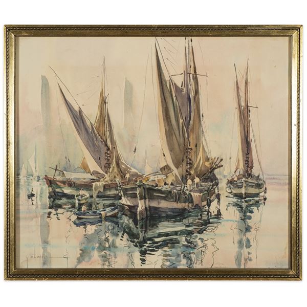 Signed Watercolor Harbor Scene