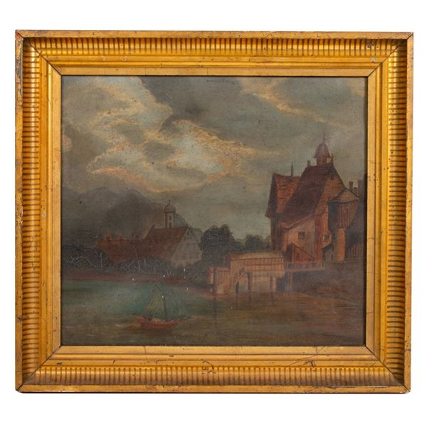19th C Oil Painting - Coastal Village Scene