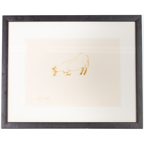 Cow in Kowtow Pose - Signed Ink Drawing