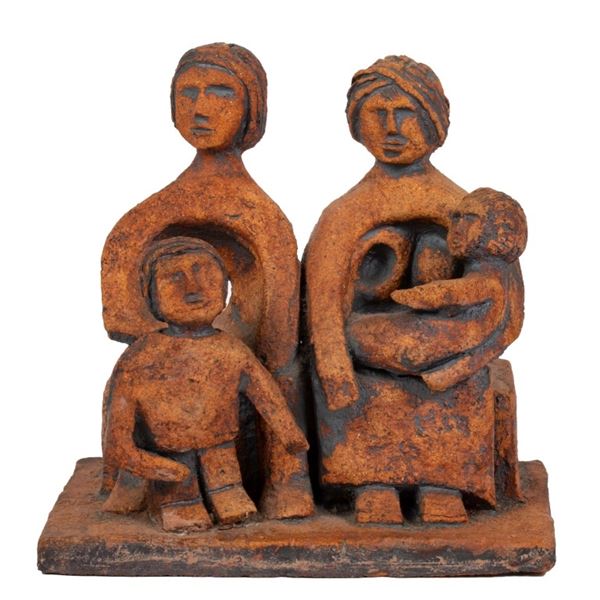 Signed Terra Cotta Figural Family Sculpture