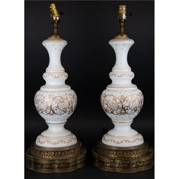 Pair White Opaline Glass Lamps w Brass Bases