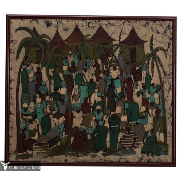Kenyan Market Place Batik Painting, Signed