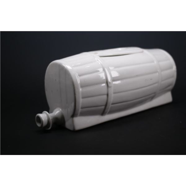 Signed White Pottery Barrel Lemonade Dispenser