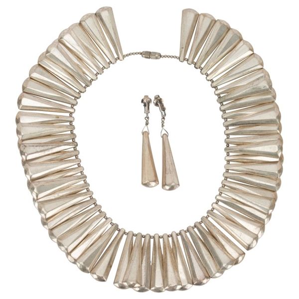 Silver Tone Bib Choker, Earrings