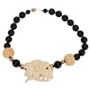 14K Black Onyx Bead Necklace Carved Bone Flower