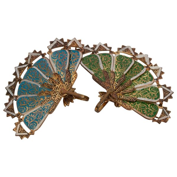 Damascene Spain Enameled Fan Brooch Pendants